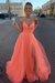 Coral Simple A Line V Neck Tulle Long Prom Dresses with High  Split
