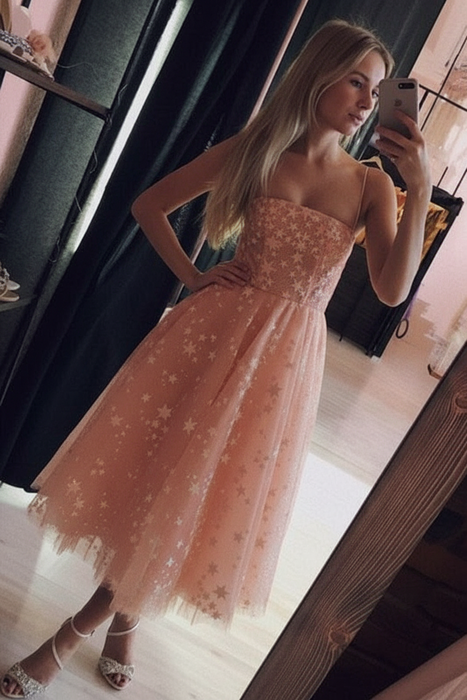 Coral Spaghetti Strap Tea Length Tulle Homecoming Dress Midi Prom Dresses - Prom Dresses