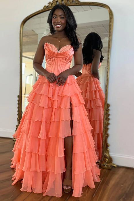 Coral Sweetheart Tiered Corset Aline Evening Dress Ruffle Chiffon Prom Dress with Split - Prom Dresses