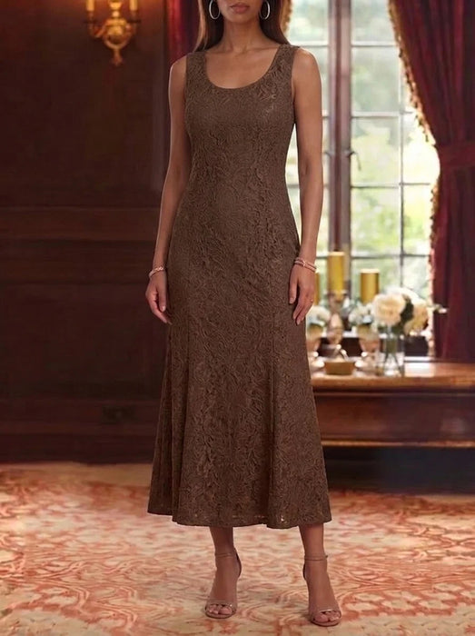 Brown lace dress on its own with a scoop neck