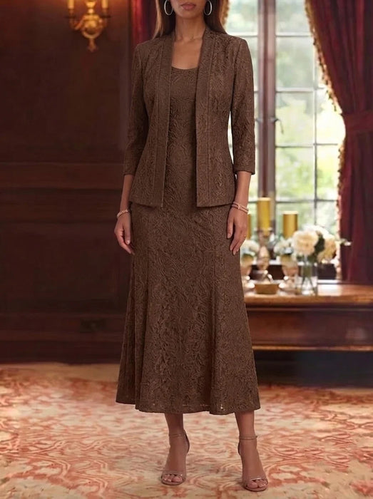 Brown Lace Mother of the Bride Dress Tea Length with Jacket