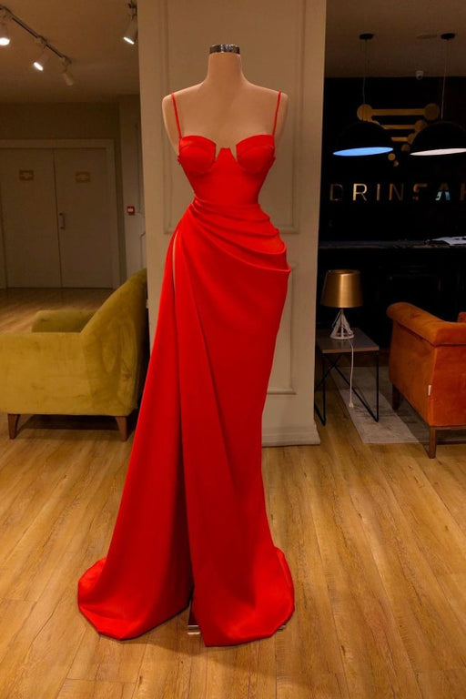 Crimson Spaghetti-Straps Mermaid Prom Gown Featuring a Thigh-High Split
