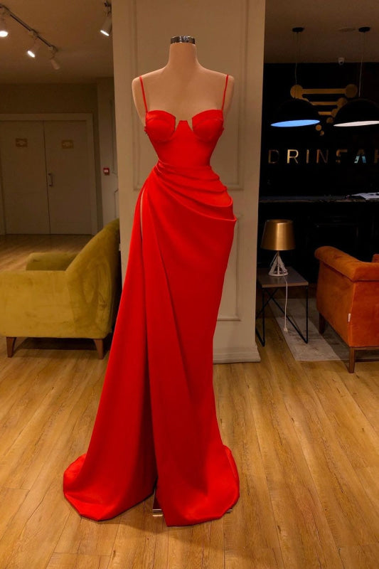 Crimson Spaghetti-Straps Mermaid Prom Gown Featuring a Thigh-High Split
