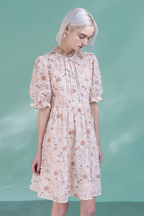 Cute Bubble Sleeves Short Pink Formal Dress Flowers Print Daily Dress - Dresses