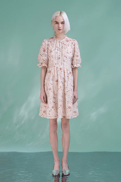 Cute Bubble Sleeves Short Pink Formal Dress Flowers Print Daily Dress - Dresses