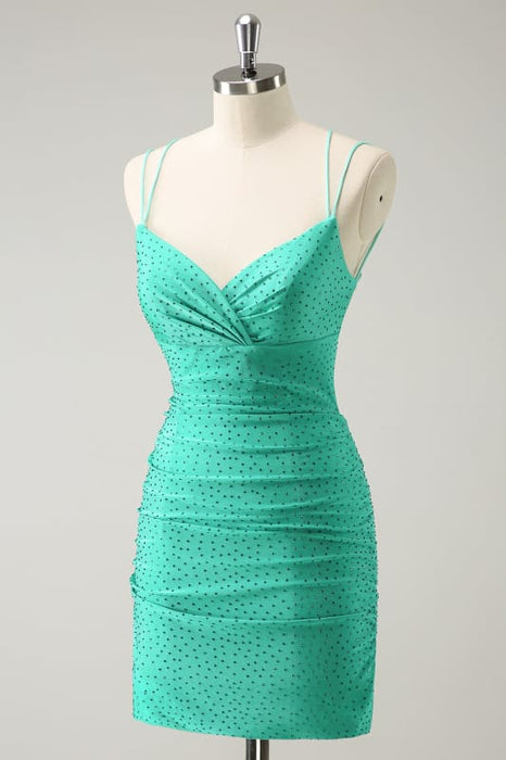 Sparkly Green Beaded Spaghetti Straps Tight Short Homecoming Dress