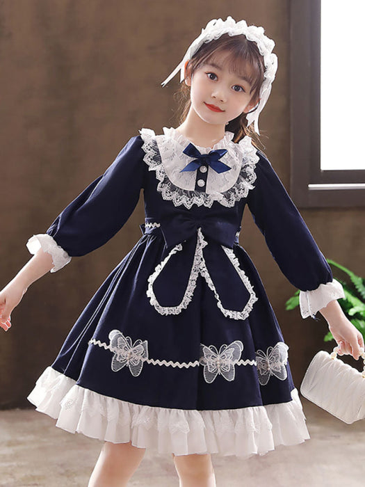 Cute Navy Blue Flower Girl Dresses Tulle Long Sleeves Knee-Length