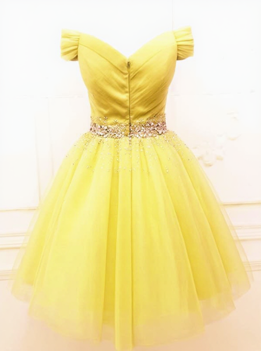 Cute Off Shoulder Sequins Yellow Homecoming Dress-Bridelily Cute Off Shoulder Sequins Yellow Homecoming Dress-Bridelily