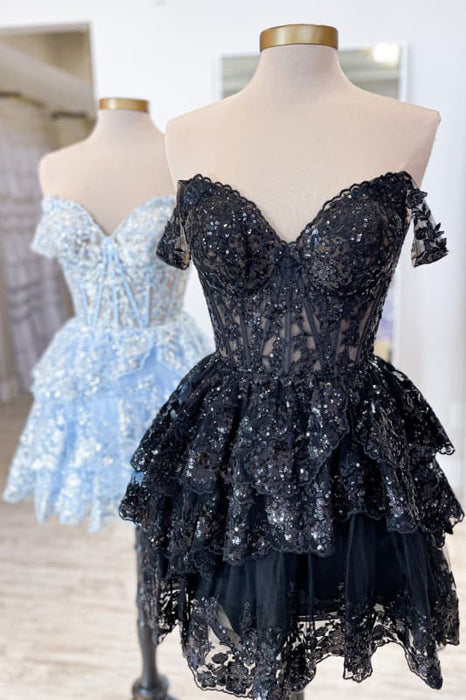 Sparkly Blue Corset Tiered Lace A-Line Short Homecoming Prom Dress