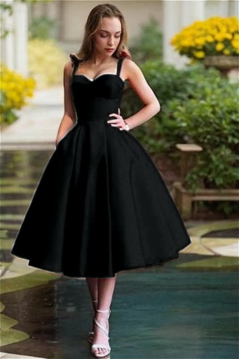 Cute Red Spaghetti Straps Backless Stain Pleated Homecoming Dress with Pocket Tea Length Prom Dress - Dress