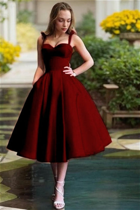 Cute Red Spaghetti Straps Backless Stain Pleated Homecoming Dress with Pocket Tea Length Prom Dress - Dress
