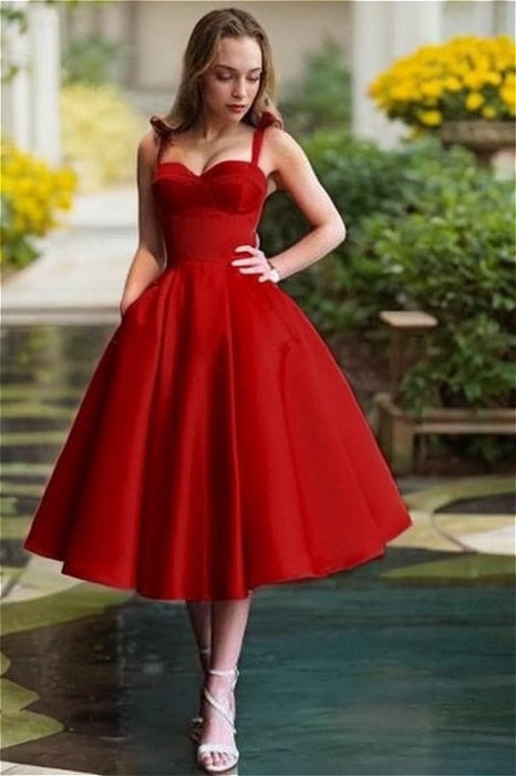 Cute Red Spaghetti Straps Backless Stain Pleated Homecoming Dress with Pocket Tea Length Prom Dress - Dress