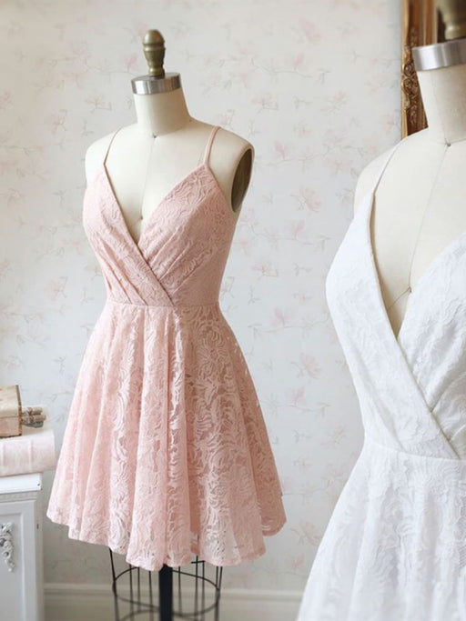 Cute V Neck Pink/White Lace Short Prom Dresses Homecoming Dresses, Pink/White Lace Formal Graduation Evening Dresses, Cocktail Dresses