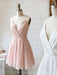 Cute V Neck Pink/White Lace Short Prom Dresses Homecoming Dresses, Pink/White Lace Formal Graduation Evening Dresses, Cocktail Dresses