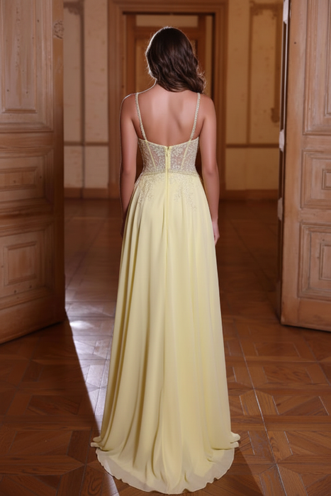 Daffodil Applique Prom Dress with Spaghetti Straps and A-Line Split