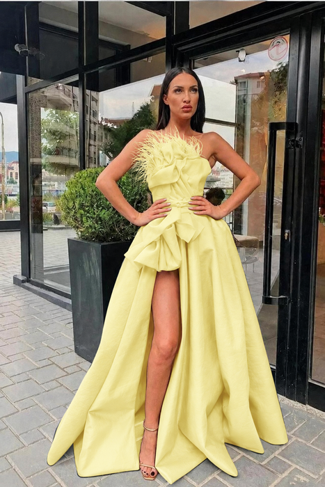 Daffodil Feather Split Long Prom Gown