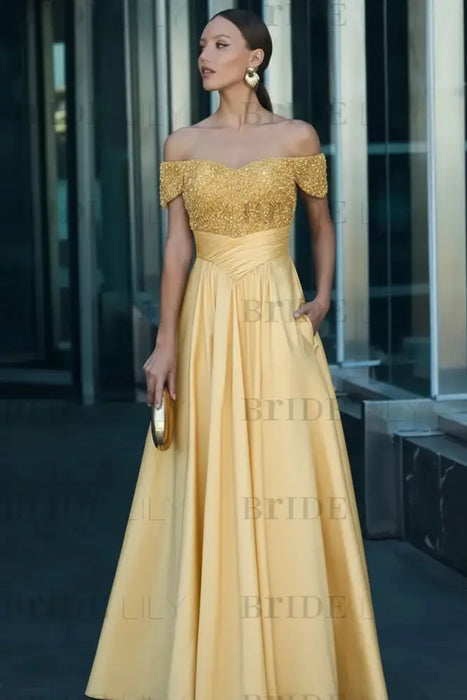 Daffodil Off-the-Shoulder Satin Aline Formal Dress with Beadings
