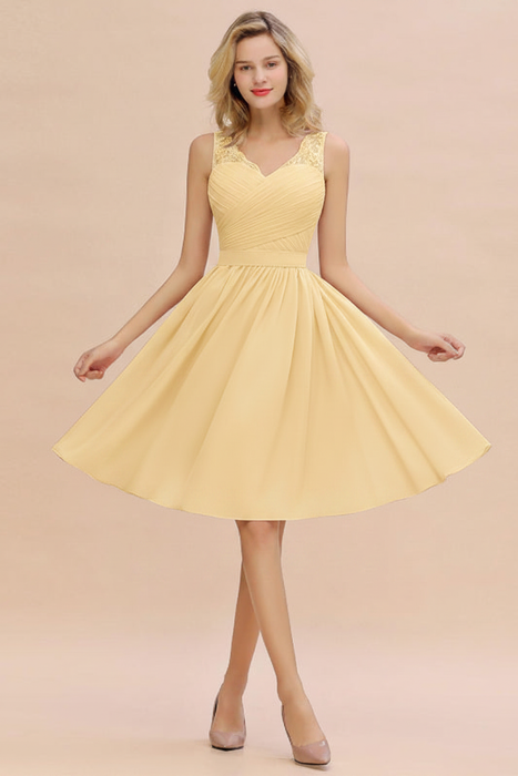 Daffodil Ruffle Chiffon Short Bridesmaid Dress Sleeveless V-Neck Aline Knee Length Homecoming Dress - Prom Dresses