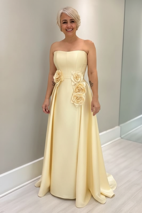 Light Yellow Satin Mother of the Bride Dress Strapless with Flowers - Prom Dresses