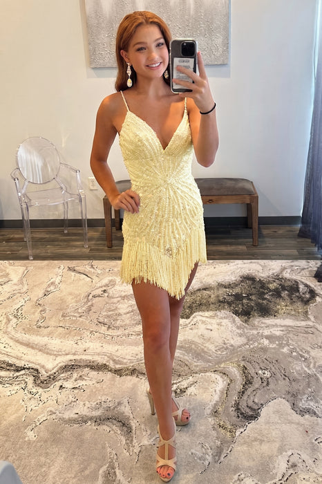 Daffodil Sparkly Beaded Tight Short Homecoming Dress with Fringes