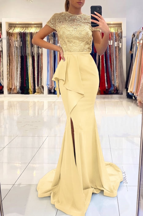 Daffodil Short Sleeve Lace Mermaid Prom Dress with Slit