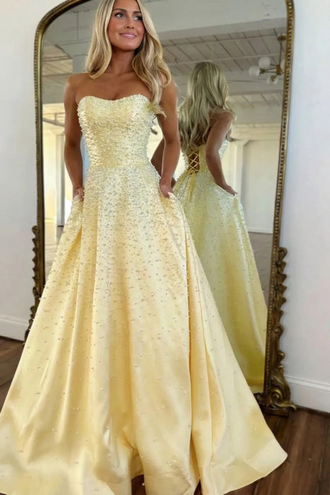 Daffodil Strapless Satin Prom Dress A-Line Evening Dress with Beadings