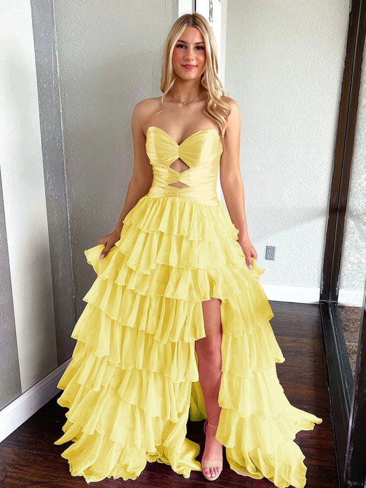 Daffodil Strapless Tiered Ruffle Chiffon Prom Dress Long with Slit