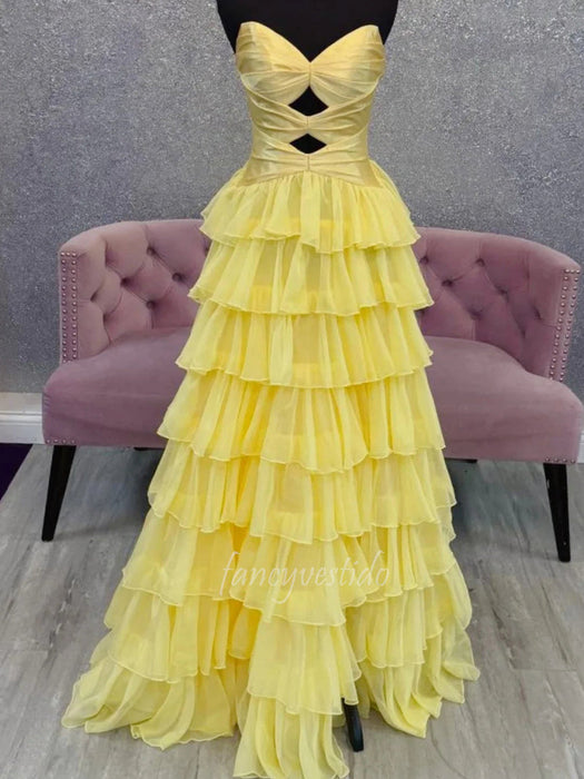 Daffodil Strapless Tiered Ruffle Chiffon Prom Dress Long with Slit
