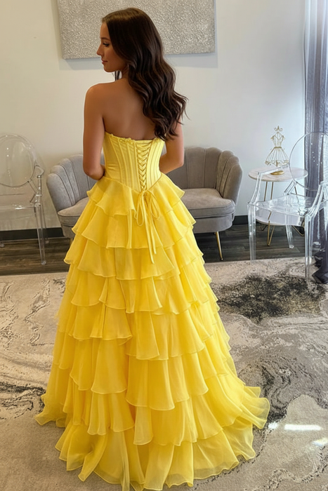 Daffodil Sweetheart Tiered Corset Aline Evening Dress Ruffle Chiffon Prom Dress with Split - Prom Dresses