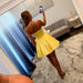 Daffodil Strapless Mini Homecoming Dress with Bow & Beaded Neckline