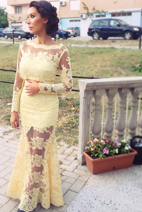 Daffodil Trumpet/Mermaid Bateau Long Sleeves Applique Lace Dresses - Prom Dresses