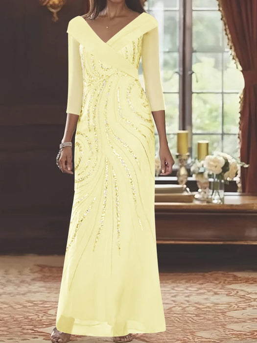 V-Neck 3/4 Sleeve Floor-Length Sequined Mother of the Bride Sheath Dress