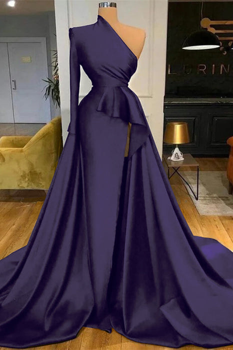 Dark Blue Long Sleeves Mermaid Prom Dress Split - Prom Dresses