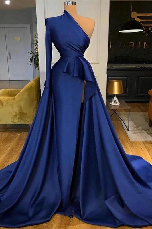 Dark Blue Mermaid Prom Dress Long Sleeves with Split-Bridelily