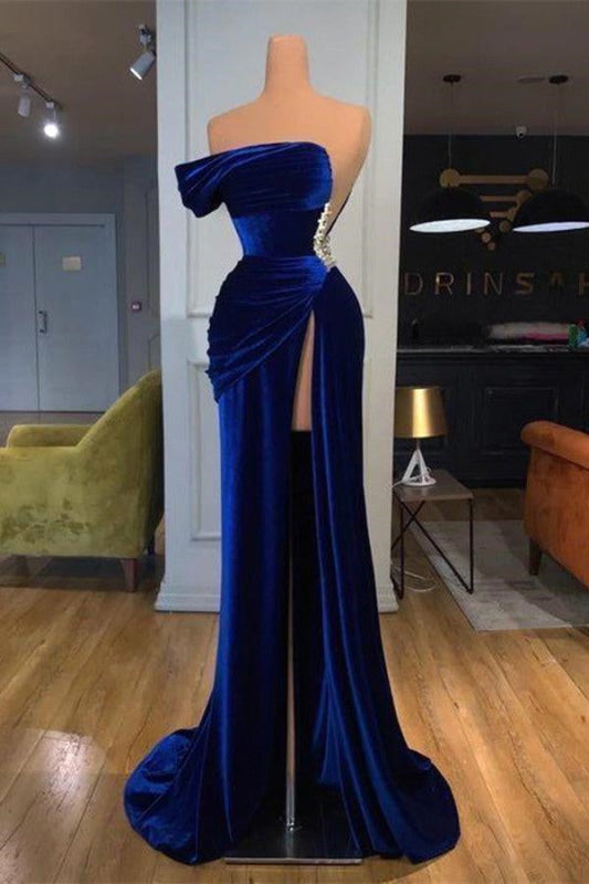 Dark Blue One Shoulder Mermaid Prom Dress with Beads Long Split main image 1
