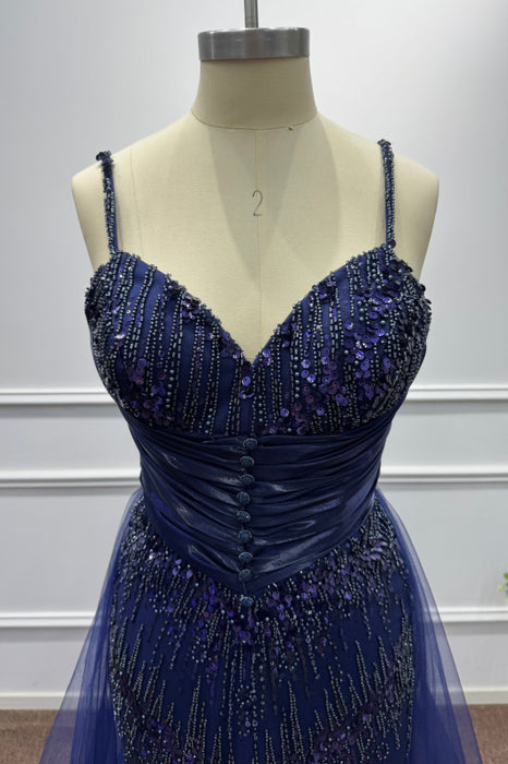 Dark Blue Spaghetti Straps Sequins Mermaid Prom Dress - Prom Dresses