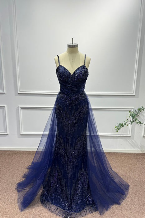 Dark Blue Spaghetti Straps Sequins Mermaid Prom Dress - Prom Dresses