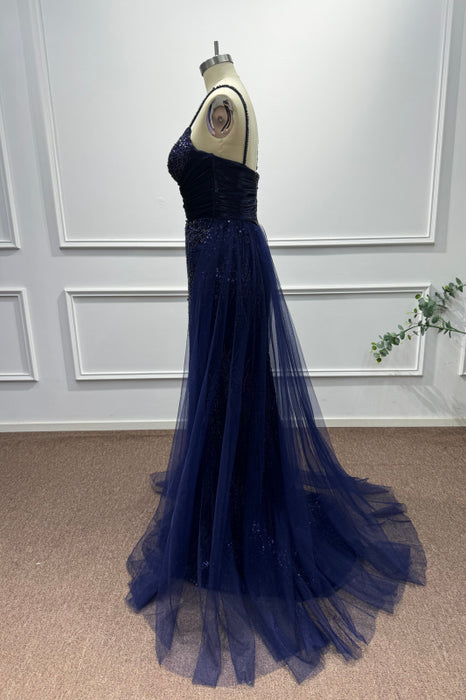 Dark Blue Spaghetti Straps Sequins Mermaid Prom Dress - Prom Dresses