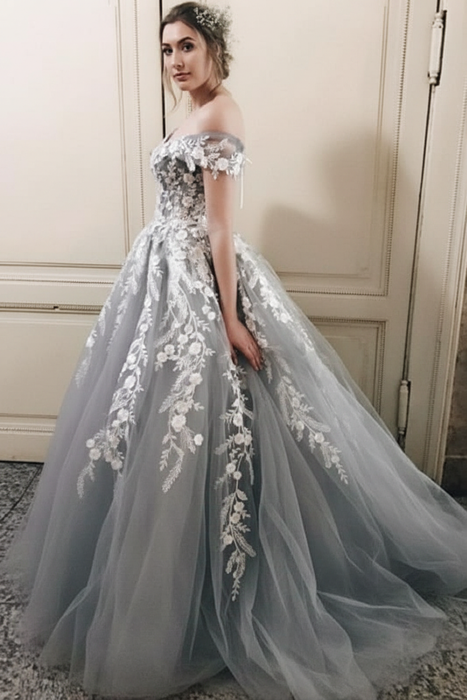 Dark Gray Long Tulle Prom with Appliques A Line Off-the-shoulder Formal Dress - Prom Dresses