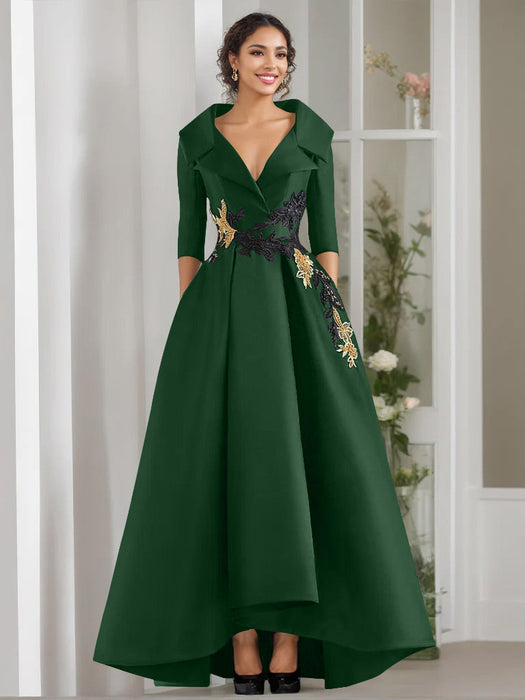 V-Neck A-Line Princess Floor-Length Mother of the Bride Dress with 3/4 Sleeves Appliques and Beading