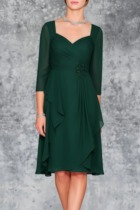 Dark Green 3/4 Sleeves Knee Length Ruffle Chiffon Mother of the Bride Outfits with Lace - Prom Dresses