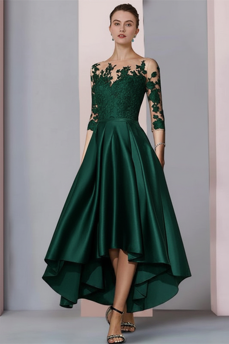 Dark Green Mermaid Satin Hi-Lo Mother of-Bride Dress with Appliques - Prom Dresses
