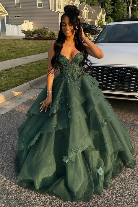 Dark Green Spaghetti Straps Tulle Aline Prom Dress Floral Tiered Ruffles Corset Formal Dress