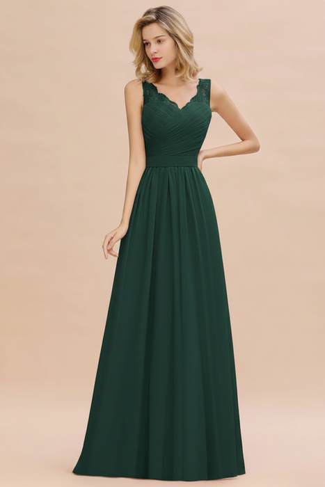 Dark Green Modest Floral Lace A-line Bridesmaid Dress V-Neck Floor Length Chiffon Wedding Guest Dress 