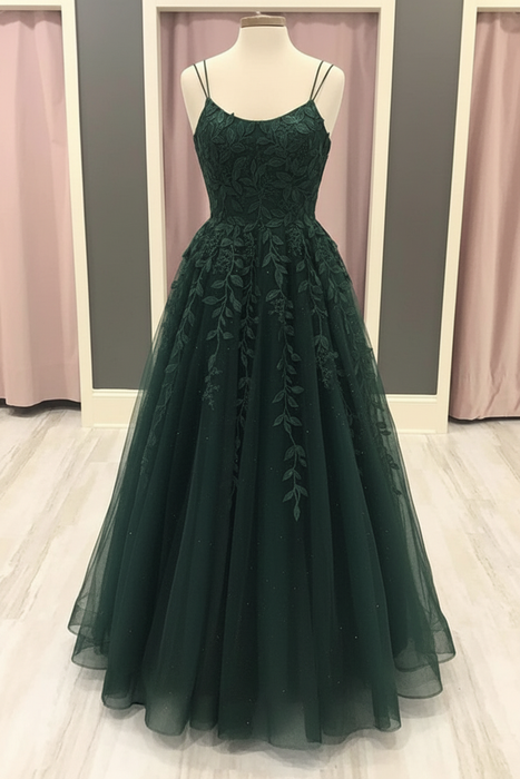 Dark Green A Line Lace Long Prom Dresses