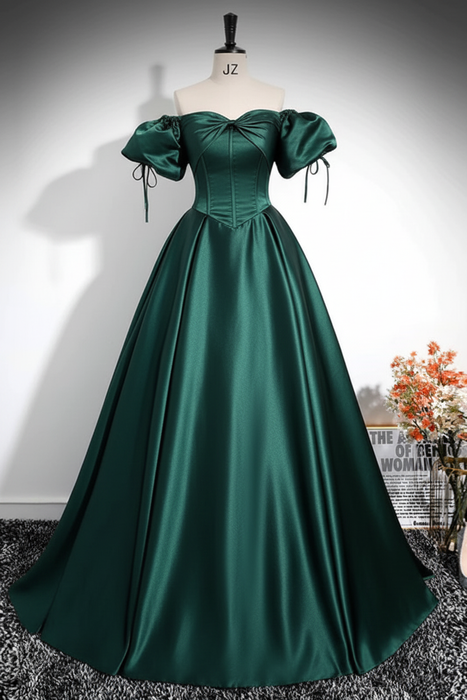 Dark Green A-Line Pleated Off-The-Shoulder Prom Dress
