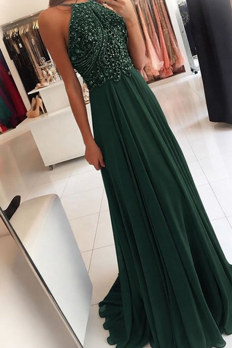 Halter Sleeveless Chiffon A-Line Prom Dress with Beadings