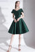 Dark Green A-Line V-Neck Knee-Length Short Sleeves Pleated Satin Cocktail Dress 