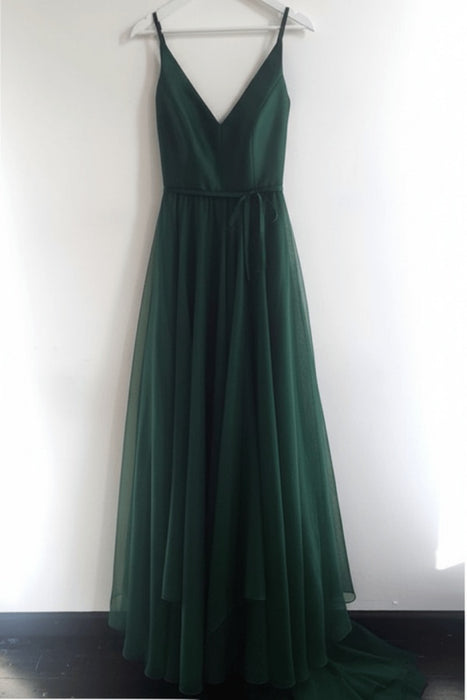 Dark Green A Line V Neck Spaghetti Straps Tulle Prom Dresses