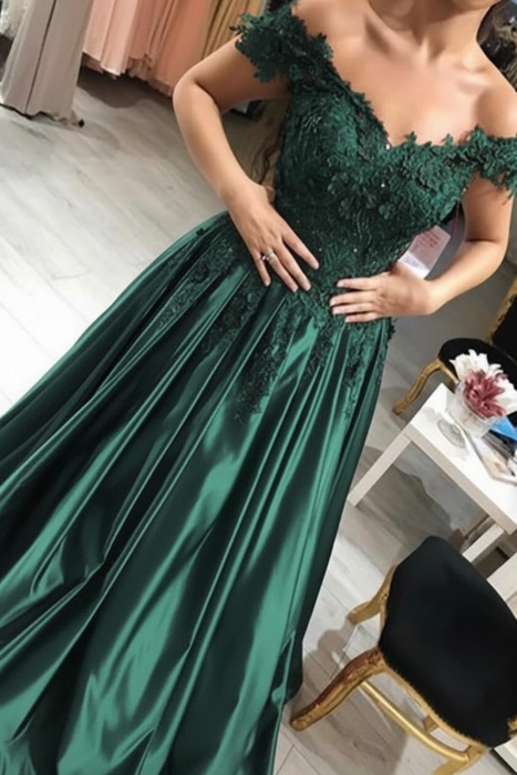 Dark Green Off-the-Shoulder Lace Applique Satin Aline Evening Dresses